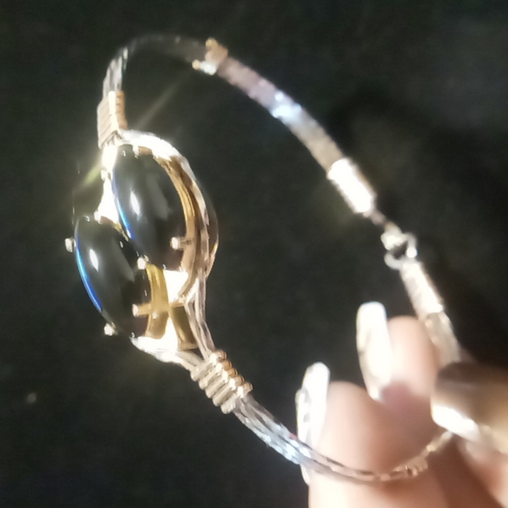 Rolando trinity bracelet silver & gold Wire hook & loop black onyx setting